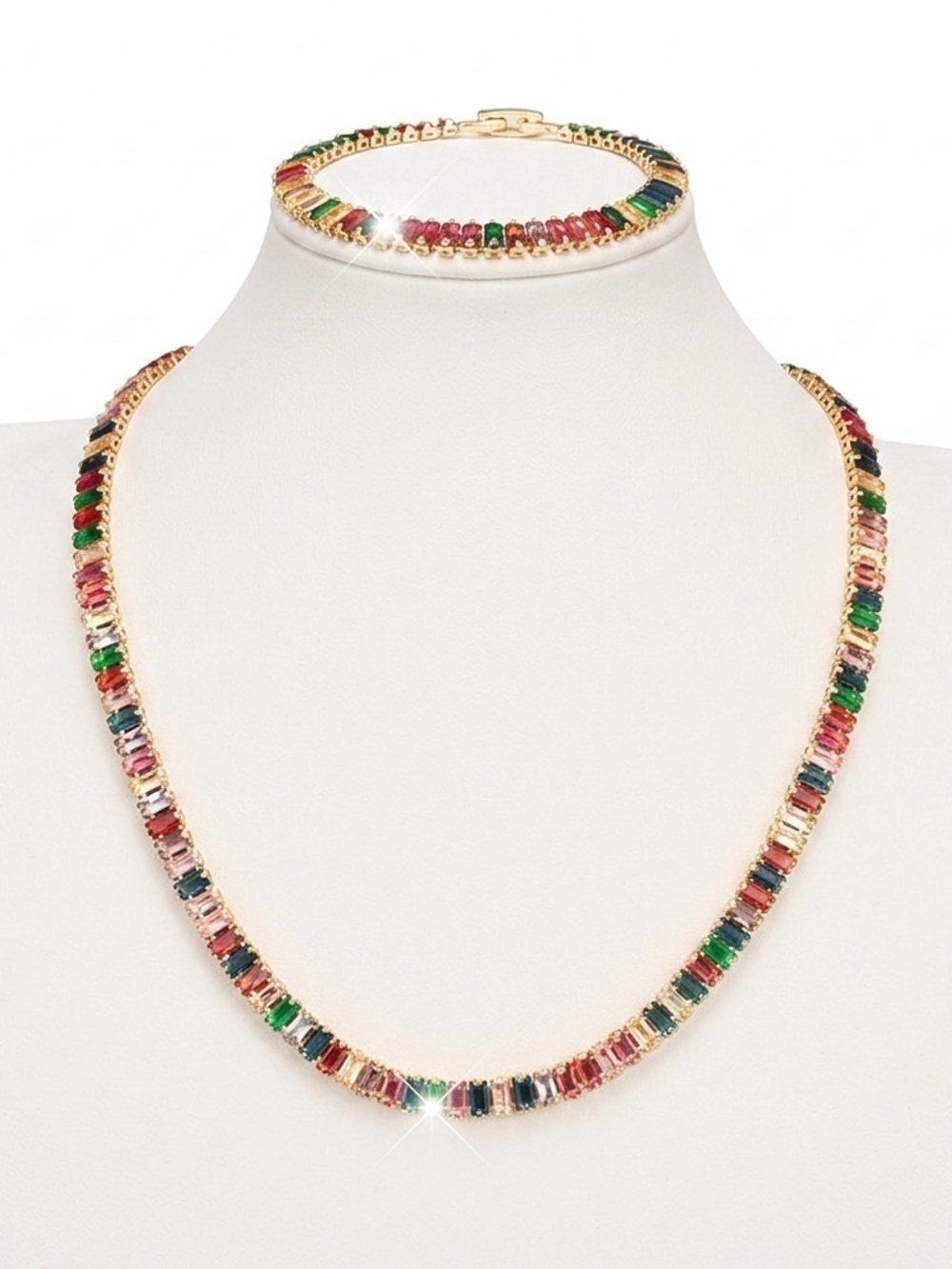 Gold Multicolor Baguette Tennis Necklace and Bracelet Set